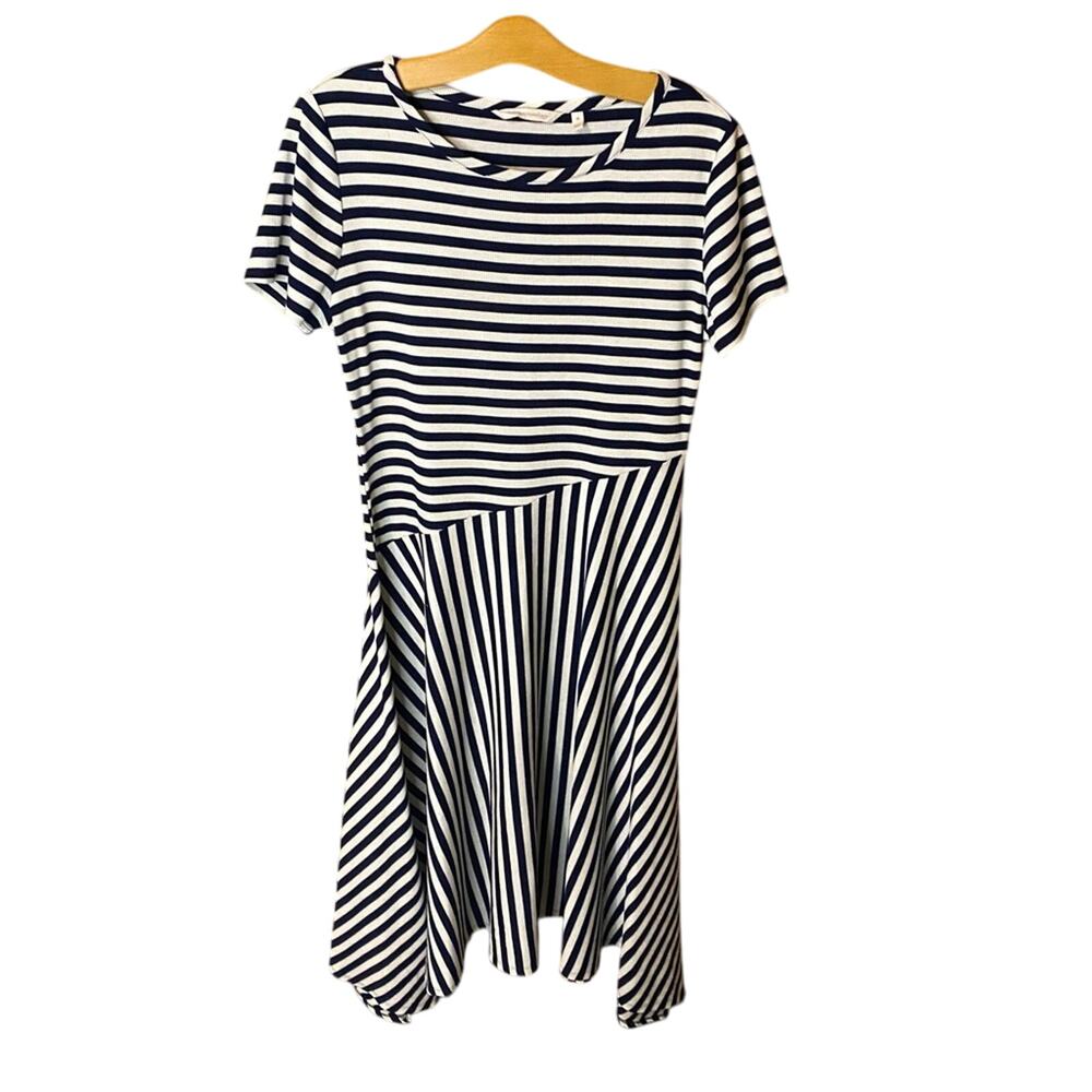 Soft Surroundings navy blue White stripe A-Line Dress size medium asymmetrical